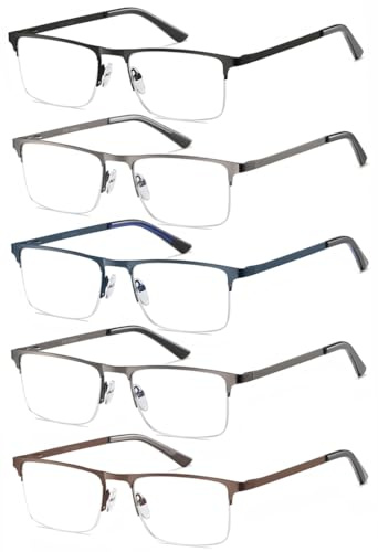 EYECEDAR 5 Pack Quality Reading Glasses Men Metal Half Frame Spring Hinges Blue Light Blocking Computer Eyeglasses Readers for Men 2.0