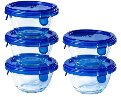 Pyrex® - Lote de 5 tarros redondos de cristal con tapas herméticas y herméticas (0,2 L), sin BPA