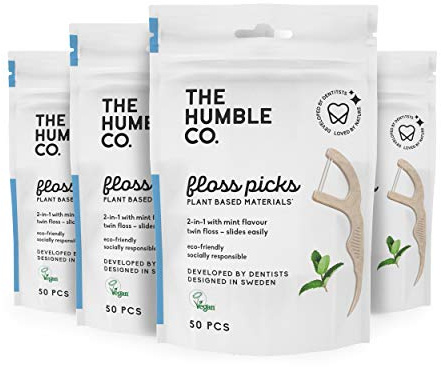 The Humble Co. Plantbaserade tandtråd | Färsk mynta | Miljövänlig, vegansk för din dagliga munvård – tandläkargodkänd – tar bort plack och ger en fräsch känsla (4 x 50 p)