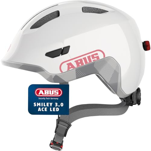 ABUS Kinderhelm Smiley 3.0 ACE LED - Fahrradhelm mit Licht - tiefe Passform & Platz für einen Zopf - für Mädchen und Jungs - Weiß Glänzend, Größe M