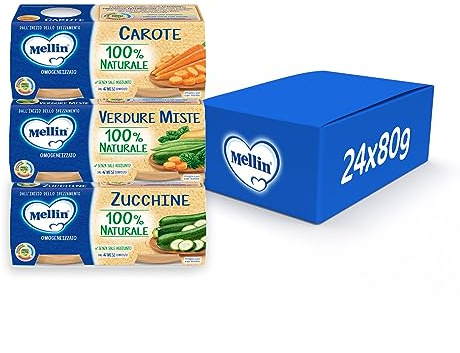 Mellin 12 Vasetti x 80 g di Omogeneizzati di Verdure, 100% Naturale, 4 x 80 g Verdure Miste, 4 x Solo Carote, 4 x Solo Zucchine
