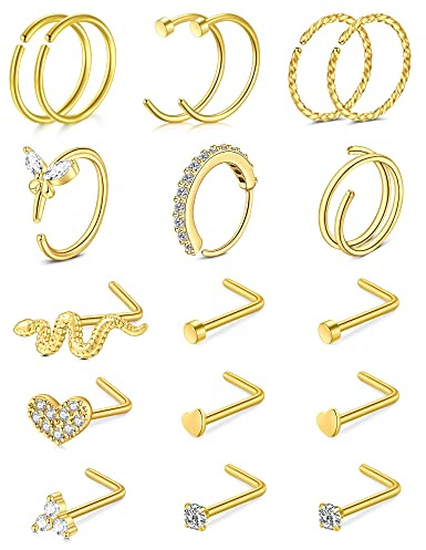 JFORYOU 18PCS Gold Nose Rings Hoops Studs 20G Hypoallergenic Nose Hoops Stainless Steel L-Shaped Nose Studs for Women Men Clear CZ Heart Moon Butterfly Snake Nose Piercing Jewelry