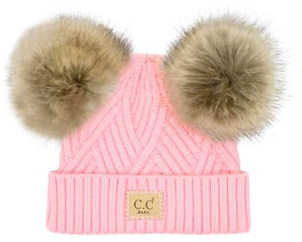 C.C Kids' Babies' Soft Stretch Cable Knit Faux Fur Pom Pom Beanie Hat, Criss Cross Pink