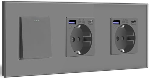 BSEED Interruptor de Pared con Doble Enchufe USB C 20W,1 Gang 2 Vías Interruptor Conmutador+Schuko Enchufe con Cargador Rápido USB Tipo C,Gris 10A Interruptor de Luz