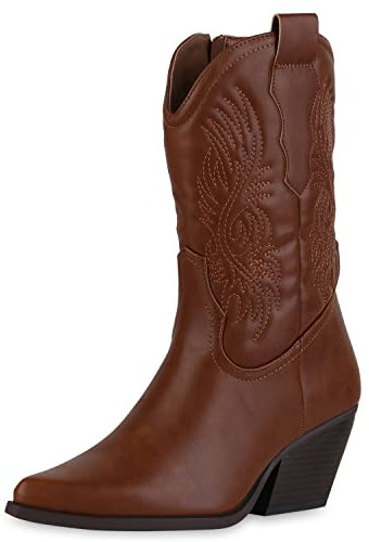 VAN HILL Damen Stiefeletten Cowboy Boots Schuhe Holzoptikabsatz Freizeit Stiefel Spitze Stickereien Western Booties 211809 Hellbraun 38