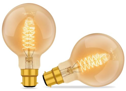 B22 Vintage Bayonet Edison Light Bulbs Dimmable, G80 Globe Bulb, Amber Glass Warm White 2700K, 600LM, Retro Decorative Bulbs, Vintage Spiral Filament Light Bulb, for Ceiling, Chandelier, 2 Pack