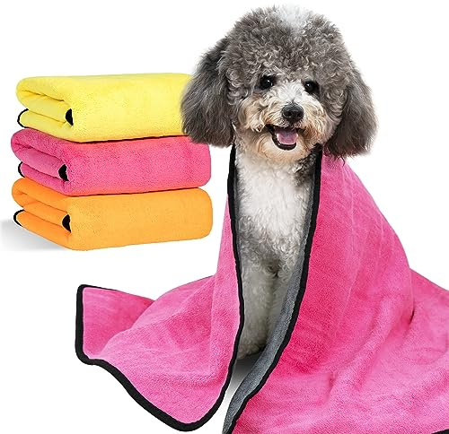 MICOOYO Lot de 3 serviettes de toilettage pour chien, super absorbantes, séchage rapide pour chiot, chat (jaune, rose, orange, taille S)