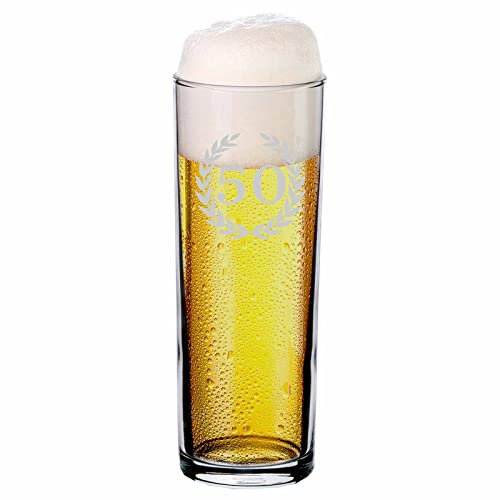 LUXENTU Bierglas mit Gravur, Kölsch-Glas/Kölner Stange mit 0,2 Liter Eichung und graviertem Lorbeerkranz mit Zahl, Geschenk zum 50. Geburtstag/Jubiläum, Spülmaschinenfest