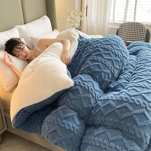 TUCVZVO Couette d'hiver 220 x 240 cm - En cachemire d'agneau épais - Couverture moelleuse - Chaude pour l'hiver - Cœur en velours d'agneau - Bleu - 220 x 240 cm - 5 kg