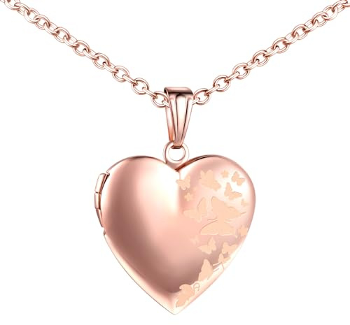 MICMIF Collana Donne Cuore Medaglione con Farfalle, Acciaio Inossidabile Ciondolo Medaglione per Foto Personalizzata Portafoto con Catena 50cm Gioielli Regalo per Mamma Moglie Fidanzata