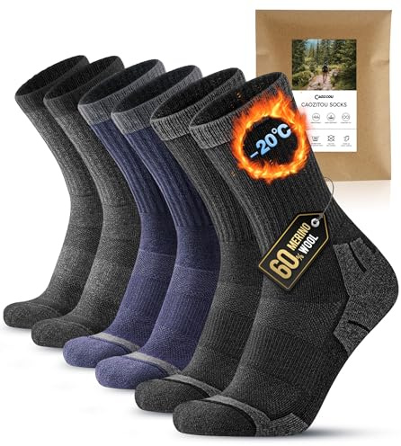 CAOZITOU Chaussette Homme femme,Chaussettes de Anti Ampoule Rembourrage Randonnée en Laine Mérinos,Hiver Chaudes,Soutien Voûte Plantaire,Mèche Respirant,Ceinture Élastique,3 Paires 43-46（NoirGrisBleu