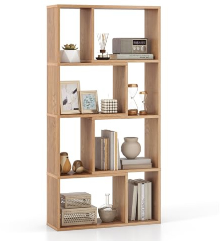 COSTWAY Libreria Geometrica a 4 Ripiani, Organizzatore Moderno con 8 Cubi, Mensola Espositiva a Pavimento, Mobile di Stoccaggio in Legno per Soggiorno Camera da Letto Studio, 60x20x120 cm (Naturale)