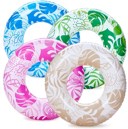 Sloosh 4 Pack Inflatable Pool Floats, Pool Tube Rings, Swim Tubes, Floaties Toys, Beach Swimming Party Toys for Kids and Adults-Tropical Leaves