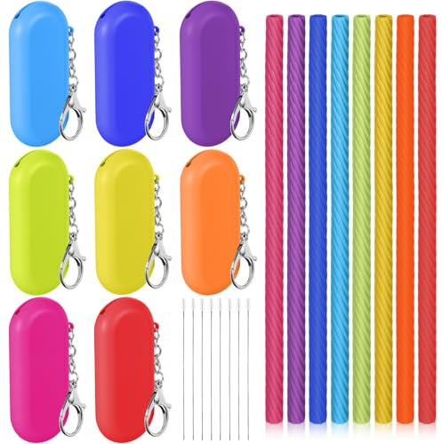 Meanplan 8 Set Cruise Ship Essentials,Silicone Straws with Case Reusable Foldable Portable Drinking Straw for Party Travel Cold or Hot with Carry Case and Cleaning Brushes (Rainbow Colors)