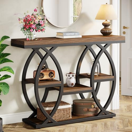 Tribesigns Mesa consola de 39.4 pulgadas, mesa de sofá industrial de 4 niveles con estantes de almacenamiento, mesas estrechas de madera con marco de metal para espacios pequeños, pasillo, vestíbulo