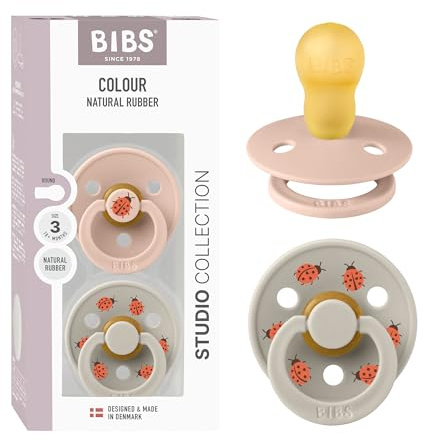 BIBS Colour Studio Soother 2-Pack, BPA Free Dummy Pacifier, Round Nipple. Natural Rubber Latex, Made in Denmark, Size 3 (18+ Months), Blush/Sand