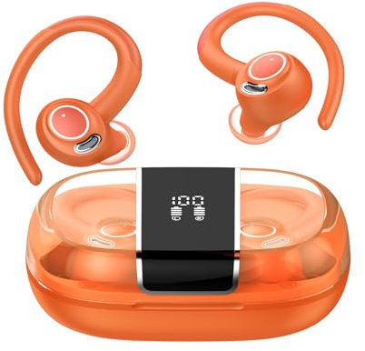 VKROBAG Ecouteurs Bluetooth sans Fil Sport, 48H Écouteurs Bluetooth 5.3 avec ENC Antibruit, IP7 Étanche Oreillette Bluetooth Contrôle Tactile, Écran LED Casque Bluetooth pour Running/Gym Orange