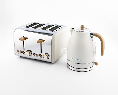 Hamilton Beach Kettle and Toaster Set, Scandi, Electric Jug Kettle 1.7L, Wide Slot Toaster 4 Slice, Boil Dry Protection, 6 Variable Browning Levels, Cream - HB1702MCST