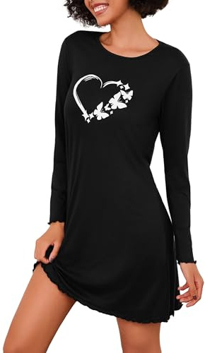 Demegimi Camicia da Notte Donna con Stampa a Cuore Camicia da Notte Cotone e Scollo Rotondo Manica Lunga Stile Romantico e Femminile
