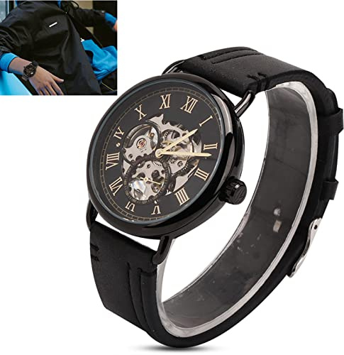 Asixxsix Klassisk Armbandsur för Män i Rostfritt Stål, Vattentät Mekanisk Halvautomatisk Klocka för Banketter (Svart skal med guldbokstäver)