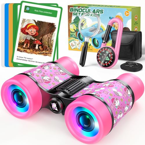 GeschenPark Jumelles pour Enfants, kit d'exploration en Plein air avec loupe, Boussole et Carte au trésor - 4X (Rose)