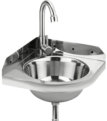 Lavabo Esquinero, Lavabos de Montaje en pared Lavabo Triangular Pequeño De Acero Inoxidable 260 Mm Montaje En Pared Juego, Con Grifo Desagüe Y Mangueras, Para Autocaravana Camper Barco Baño WC Garaje