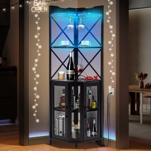 AVAWING Weinschrank, Barschrank Vintage mit Led Licht & Glashälter, Eckschrank aus Metallrahmen, 5 Stufen Küchenschrank mit Kippschutz für Küche Esszimmer Wohnzimmer, Schwarz, 44,5 x 44,5 x 163 cm