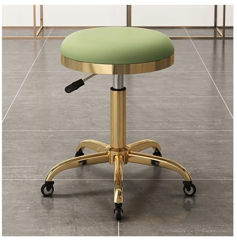 Taburete de salón redondo rodante, taburete de bar giratorio, pequeño mostrador, silla para maquillaje, belleza, ajuste de altura 45-56 cm y metal titanio oro 5 garras con ruedas (verde)