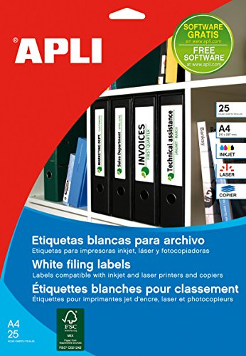 APLI 1233 - Etiquetas Adhesivas para Archivo Multifiunción, 190mm x61mm, pack de 25 hojas