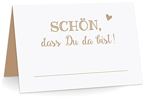 KuschelICH Premium Tischkarten Schön DASS Du da Bist mit Herz Platzkarten zum selbst Beschriften (Braun, 25)