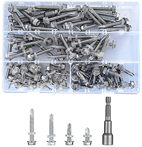 101 Pcs Stainless Steel Self Drilling Hex Head Screws, Metal Sheet Tek Screws Assortment Kit Set with Drill Point and Gasket, Roofing Screws with Hex Socket - M6.3*(23mm/30mm/36mm/55mm)