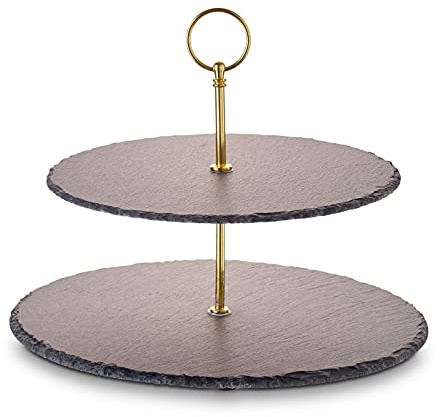 ECHTWERK etagere/serveringsbräda för bakverk, frukt, ost och desserter av naturskiffer, med 2 nivåer och metallhandtag, Gold-Edition, Ø skifferplattor ca 25/30 cm, lergods