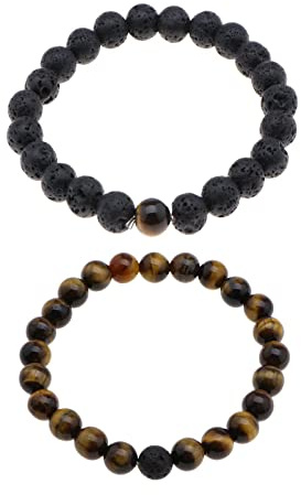 YINETTECH Set med 2 elastiska armband i naturlig vulkanisk lavasten med 8 mm pärlor för herr och dam för födelsedag, bröllopsdag, jul, 19,5 cm, 19.5cm