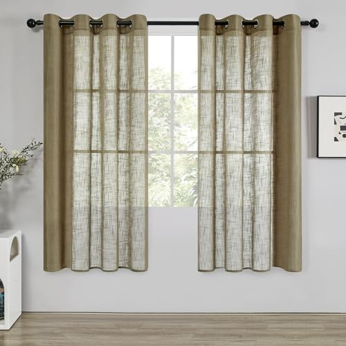 Deconovo Cortinas Salon Moderna 2 Piezas Visillos Semi Transparentes Decorativas Efecto Lino para Ventanas de Domitorio con Ojales 140x175cm Moca