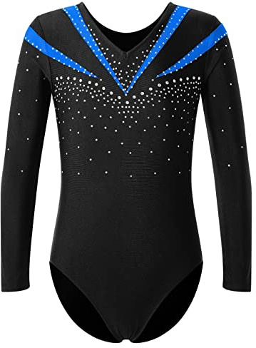 Alvivi Barn flickor, gymnastikdräkt, balettdräkt, långärmad dansbody med strass, balett, tröja, leotard, tävling, danskläder
