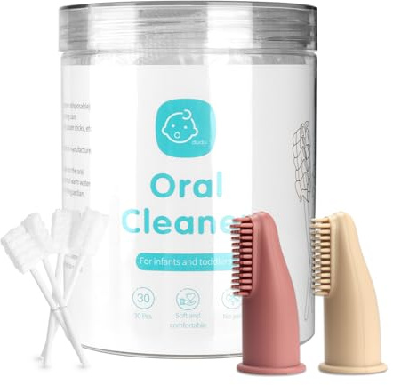 Esonto Baby Tongue Cleaner Toothbrush 30Pcs Disposable Infant Tooth Brush Clean Baby Mouth with 2Pcs Finger Toothbrush Oral Cleaning Stick Gauze Cleaner Stick Dental (Beige, 32 Piece Assortment)