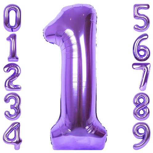 RainbowQ Party 1 Balloon Number 40 Inch for Boy or Girl Big Purple 0-9 Foil Mylar Large 1st Number Balloon Happy First Birthday Party Anniversary Decorations Supplies