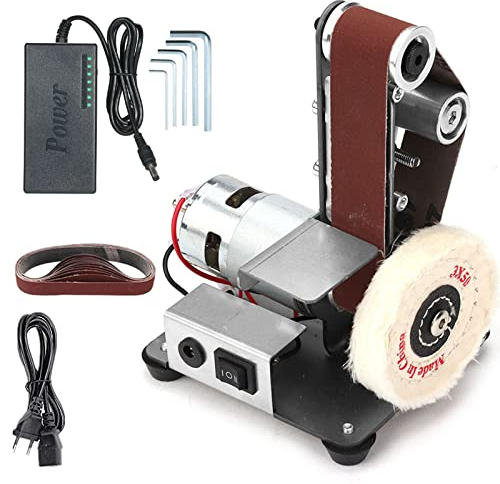 Lijadora de banda 500W eléctrica Afilador de pulido ajustable lijadora eléctrica de bricolaje Bordes de corte Mini kit de amoladora de banda de banco 7 velocidades multifuncional con rueda de pulido