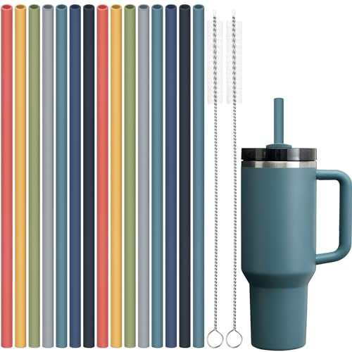 Tomorotec 12 Reusable Silicone Drinking Straws 15PCS & Cleaning Brushes for Stanley Tumblers 40oz 30oz 20oz, Noise-Free BPA-Free Food Grade Silicone Adjustable for Various Cups (Dark Morandi Colors)