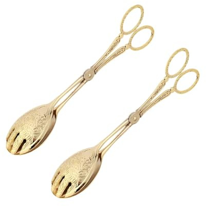 2PCS Gold Tongs for Serving Food, Stainless Steel Cake Clamp Buffet Clip Clamps Salad Bread Utensils Tongs for Home, Restaurant(#2 Golden Round Head)