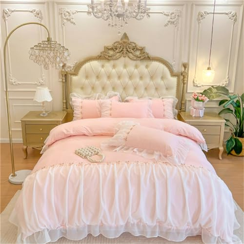 MOOWOO Pink Bedding, Set di biancheria da letto romantico in pizzo con volant, 2 pezzi, copripiumino con chiusura a cerniera, decorazione per la stanza, rosa, per letto matrimoniale