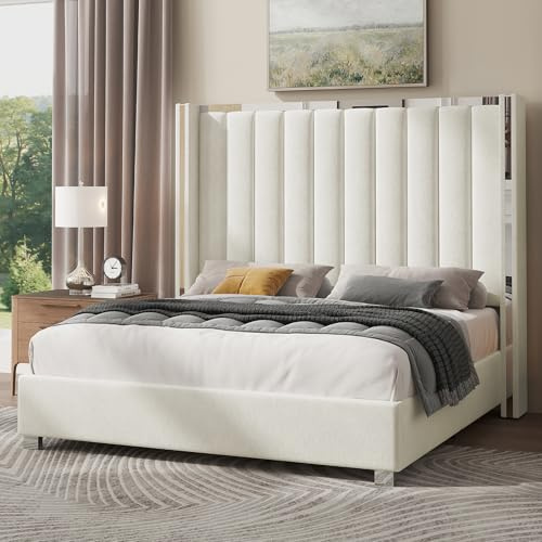 Jocisland Queen Size Bed Frame with 58 Tall Headboard, Platform Velvet Upholstered Bed with Channel Tufted Wingback Headboard and Plating Trim, No Box Spring Needed, White Cream
