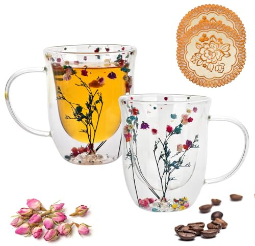 QHYK Juego de 2 Vasos Doble Pared Transparente, 320ml Taza de café de doble pared, decoraciones Flores Secas atemporales, Vasos Cristal Flores Secas para té, café helado, leche, cerveza