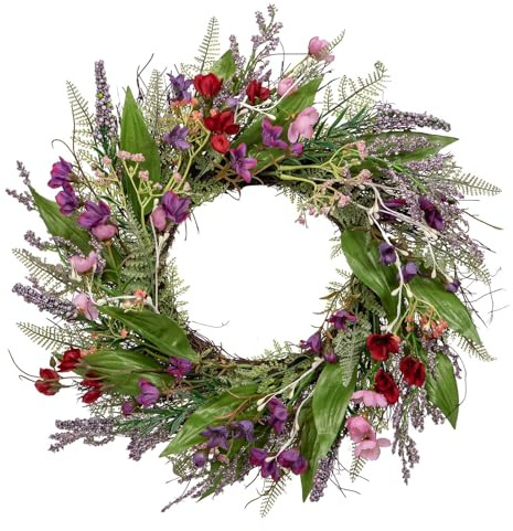 Corona de flores de lavanda artificial, corona de flores, decoración grande, diámetro de 45 cm, corona de pared, decoración de primavera para primavera, verano, Pascua, hogar, fiestas, puertas, bodas