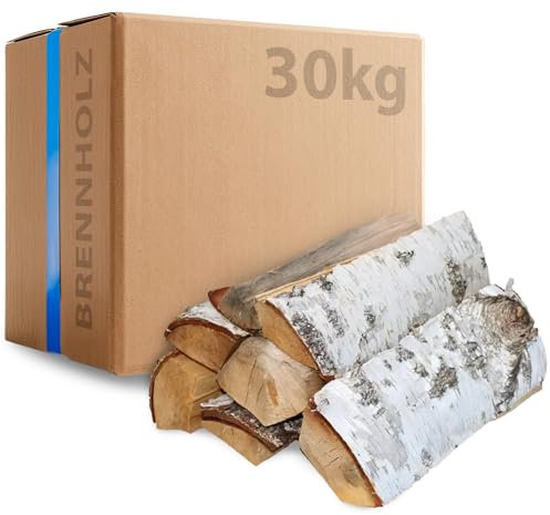 30kg Birken Brennholz - Kammergetrocknetes Feuerholz 30cm Scheite für Kamin, Ofen & Feuerschale - 100% Naturholz, Hoher Brennwert, Raucharm, Ideal für Grill, Lagerfeuer, Smoker & Dekoration