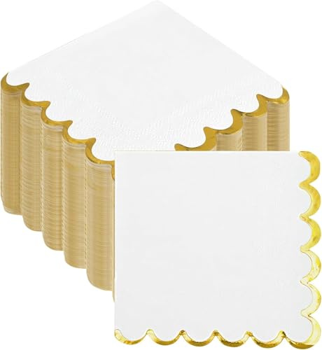 Lot de 200 serviettes de cocktail jetables en papier festonné avec feuille d'or pour dîner, mariage, fête d'anniversaire (12 x 12 cm)