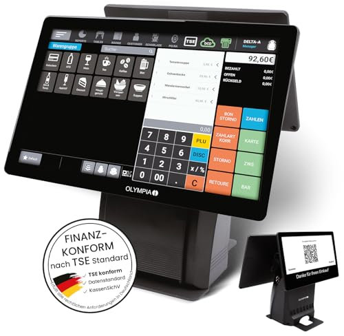 Olympia T215DK Kasse für Gastronomie & Handel | Elektronisches Kassensystem mit Touchdisplay | 15 Zoll Touchscreen Monitor | Registrierkasse TSE | Thermodrucker & LCD-Anzeige | Bondrucker | Schwarz
