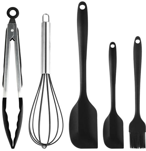 5 Pezzi Set di Utensili da Cucina in Silicone - Strumenti da Cucina 28 cm - Silicone Alimentare - Resistente al Calore, Antiaderente, Facile da Pulire - Per Cucina, Frittura (Nero)
