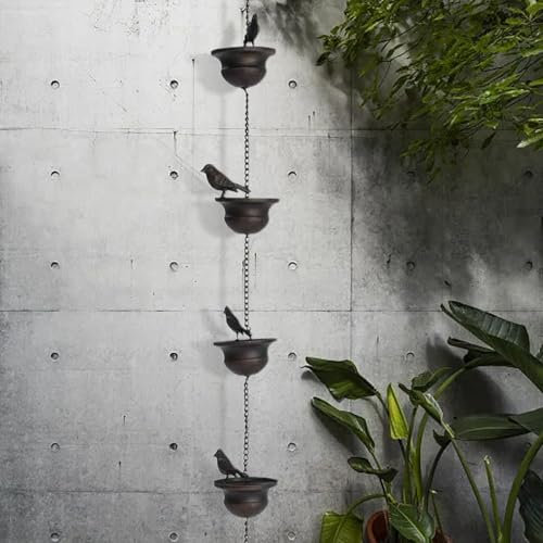 Vintage Bird Rain Chain Drain Gutters Decorated Garden Steering Wheel 8 Feet (About 2.5) Bronze Glass Ornament (A, 9x7x60cm)