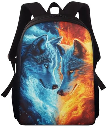 Wnbucioht Sac à dos d'école de 38,1 cm pour enfants, sac à livres pour écolières, tout-petits, maternelle, sac à dos décontracté, Loup de feu d'eau, taille unique